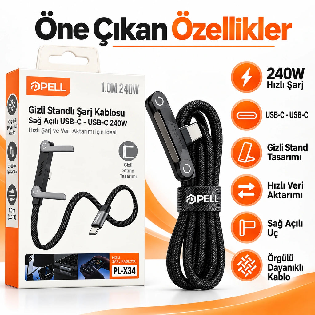 PELL PL-X34 240W PD Type-C to Type-C 90° Dik Açılı Şarj ve Data Kablosu 1m, Entegre Görünmez Standlı Örgü Halat Kablo