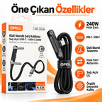 PELL PL-X34 240W PD Type-C to Type-C 90° Dik Açılı Şarj ve Data Kablosu 1m, Entegre Görünmez Standlı Örgü Halat Kablo