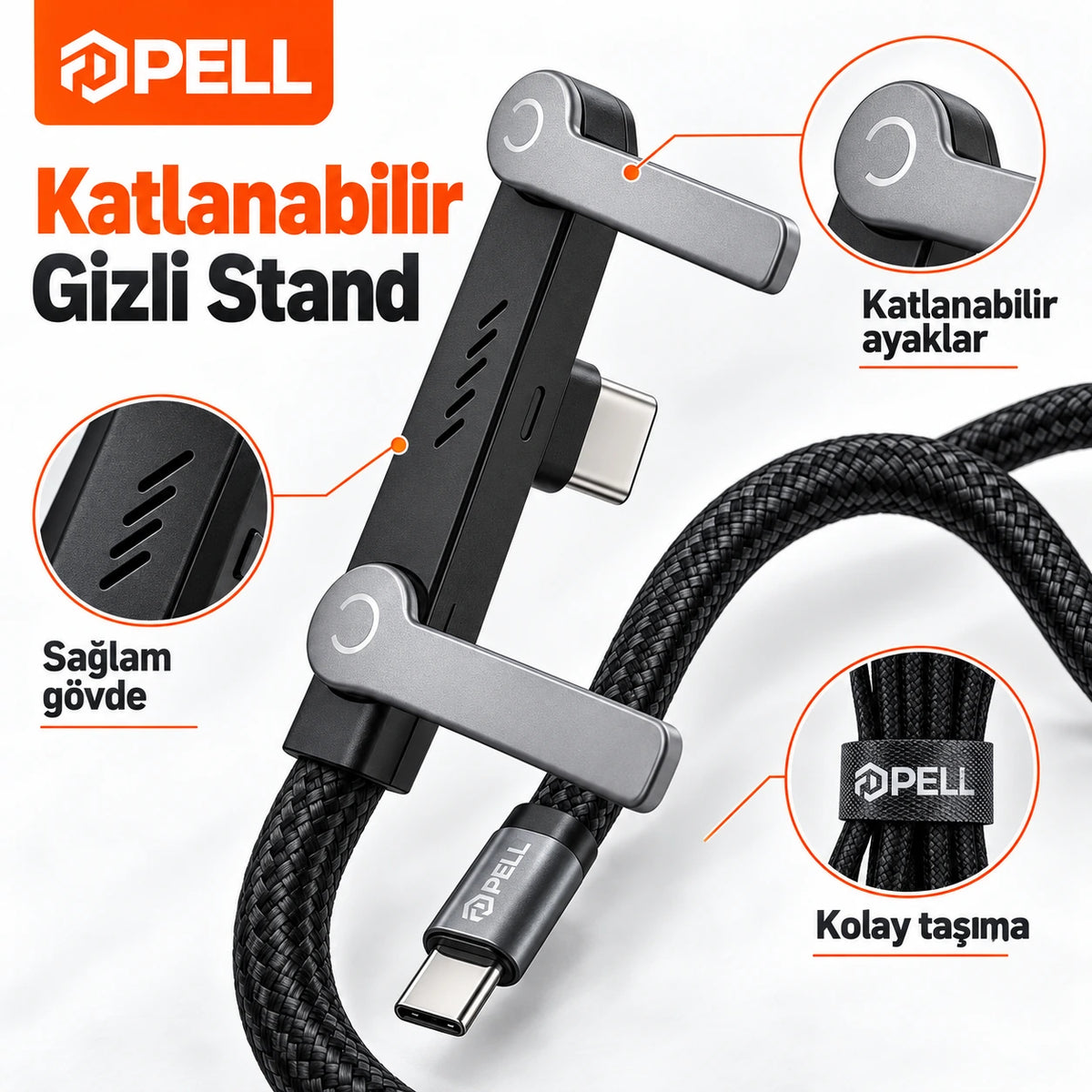PELL PL-X34 240W PD Type-C to Type-C 90° Dik Açılı Şarj ve Data Kablosu 1m, Entegre Görünmez Standlı Örgü Halat Kablo
