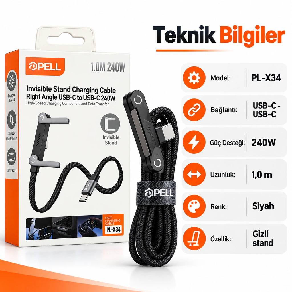 PELL PL-X34 240W PD Type-C to Type-C 90° Dik Açılı Şarj ve Data Kablosu 1m, Entegre Görünmez Standlı Örgü Halat Kablo