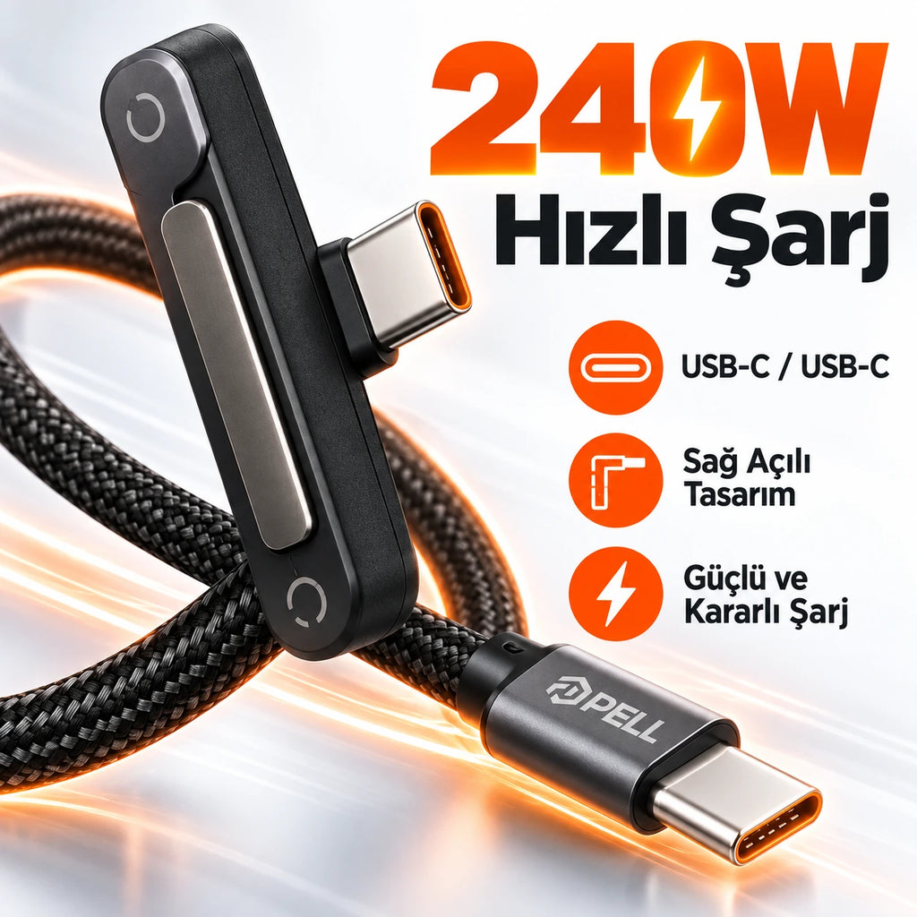 PELL PL-X34 240W PD Type-C to Type-C 90° Dik Açılı Şarj ve Data Kablosu 1m, Entegre Görünmez Standlı Örgü Halat Kablo