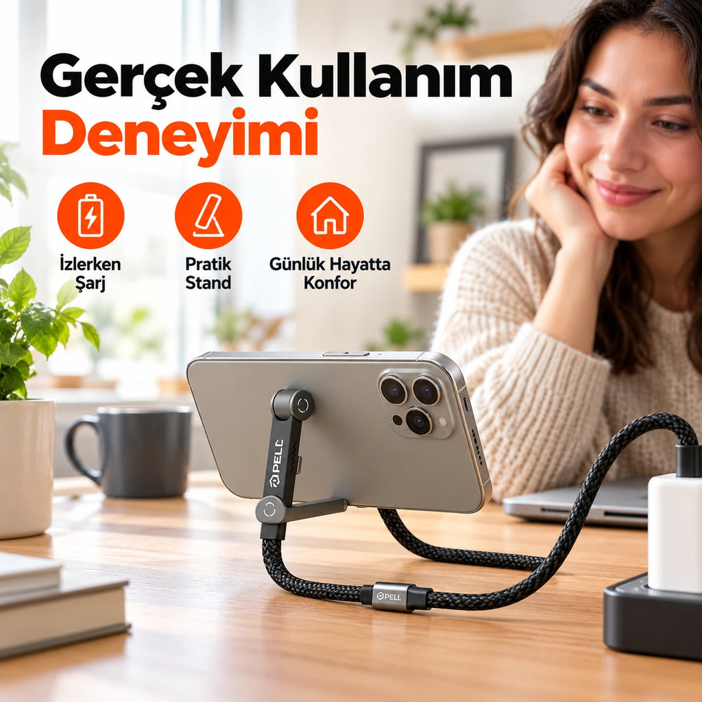 PELL PL-X34 240W PD Type-C to Type-C 90° Dik Açılı Şarj ve Data Kablosu 1m, Entegre Görünmez Standlı Örgü Halat Kablo