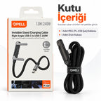 PELL PL-X34 240W PD Type-C to Type-C 90° Dik Açılı Şarj ve Data Kablosu 1m, Entegre Görünmez Standlı Örgü Halat Kablo