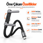 PELL PL-X34 240W PD Type-C to Type-C 90° Dik Açılı Şarj ve Data Kablosu 1m, Entegre Görünmez Standlı Örgü Halat Kablo