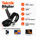 PELL PL-X34 240W PD Type-C to Type-C 90° Dik Açılı Şarj ve Data Kablosu 1m, Entegre Görünmez Standlı Örgü Halat Kablo