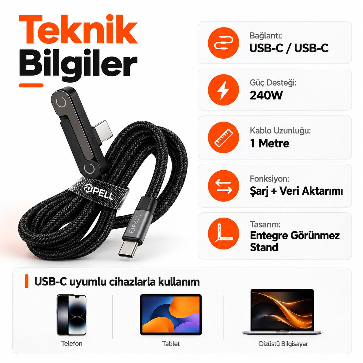 PELL PL-X34 240W PD Type-C to Type-C 90° Dik Açılı Şarj ve Data Kablosu 1m, Entegre Görünmez Standlı Örgü Halat Kablo