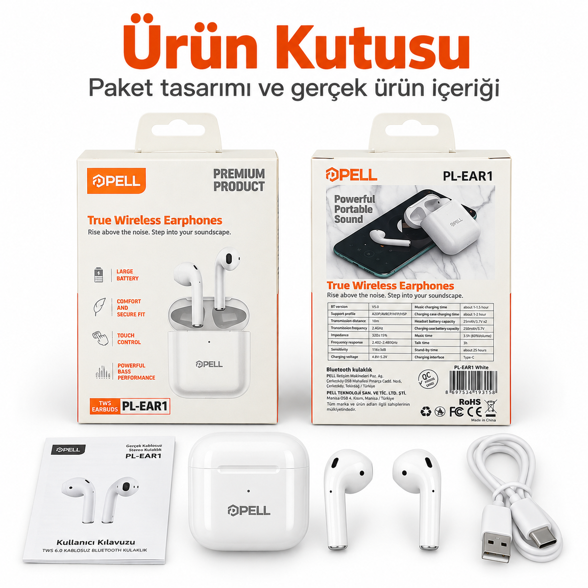 PELL EAR-1 Pro 2 Premium Bluetooth Kulaklık, iPhone ve Android Uyumlu Kablosuz Kulak İçi Kulaklık