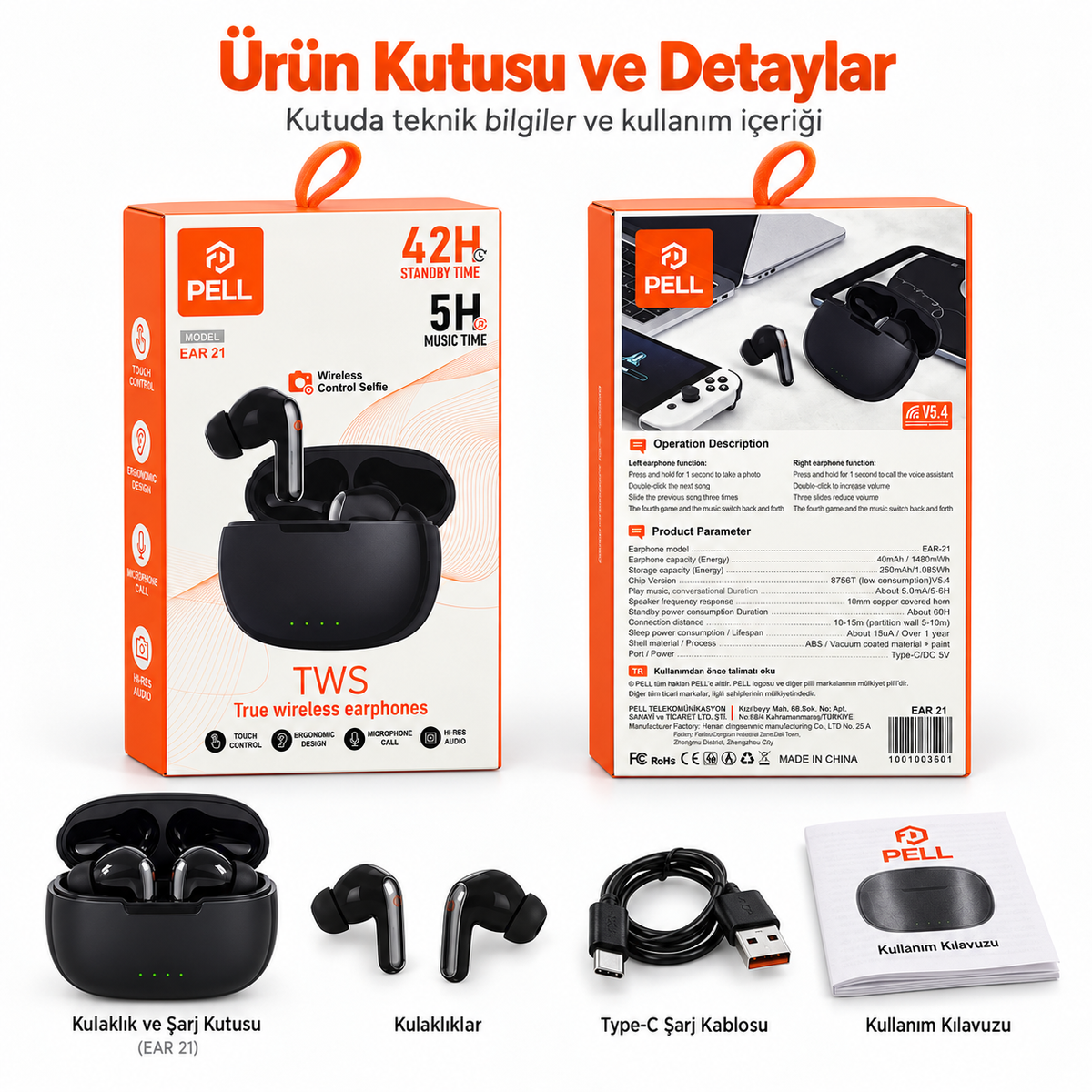 PELL EAR-21 TWS Bluetooth Kulak İçi Kulaklık Bluetooth5.4