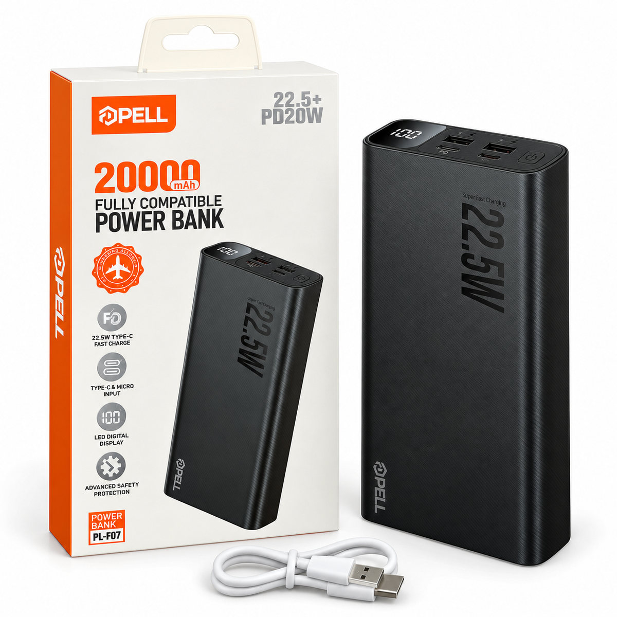 PELL F07 20.000 mAh Powerbank 22.5W, PD 20W Turbo Hızlı Taşınabilir Şarj Cihazı