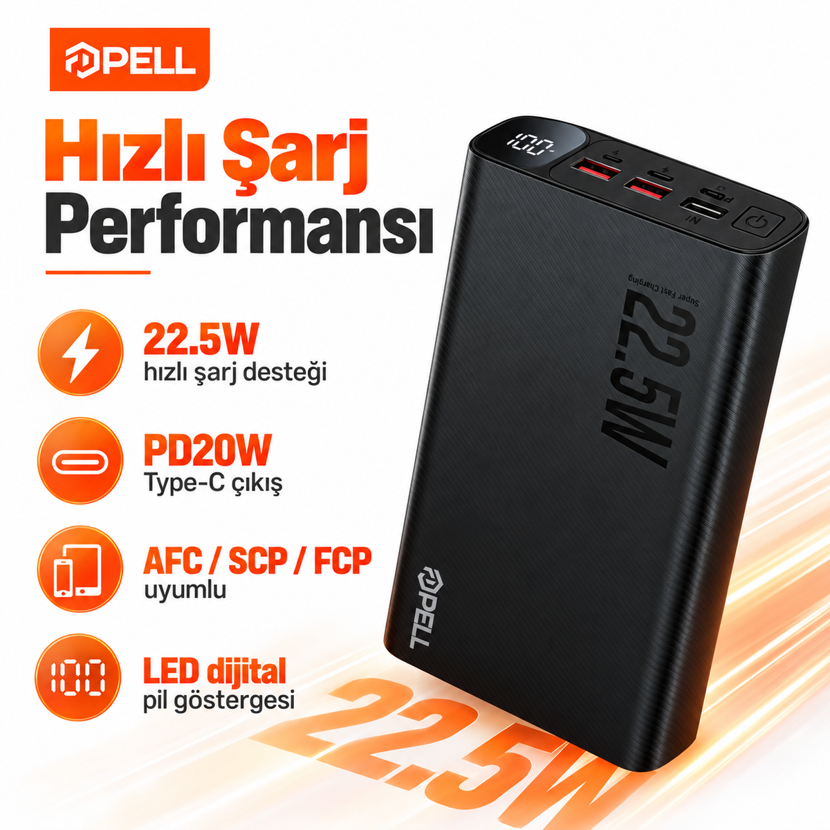 PELL F07 20.000 mAh Powerbank 22.5W, PD 20W Turbo Hızlı Taşınabilir Şarj Cihazı