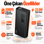 PELL F07 20.000 mAh Powerbank 22.5W, PD 20W Turbo Hızlı Taşınabilir Şarj Cihazı