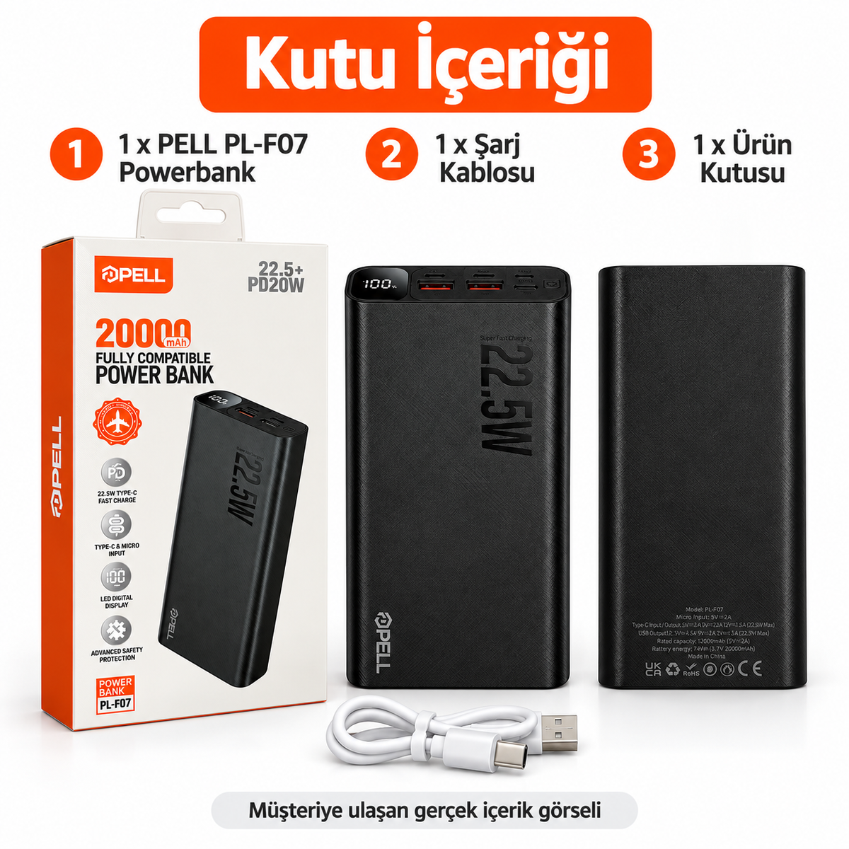 PELL F07 20.000 mAh Powerbank 22.5W, PD 20W Turbo Hızlı Taşınabilir Şarj Cihazı