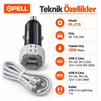 PELL PL-C15 38W Çift Portlu PD QC 3.0 Araç Şarj Cihazı, Type-C to Lightning Örgü Kablolu Hızlı Araç Şarj Seti