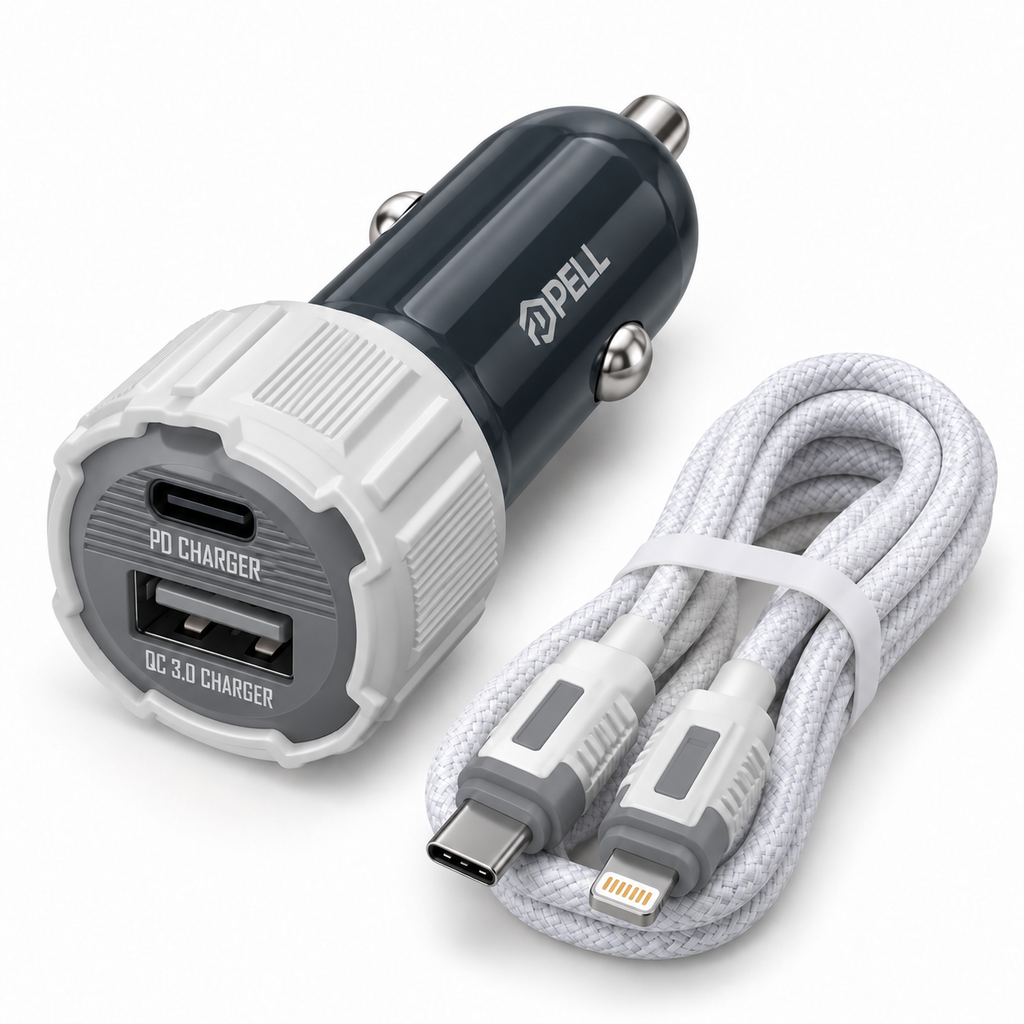 PELL PL-C15 38W Çift Portlu PD QC 3.0 Araç Şarj Cihazı, Type-C to Lightning Örgü Kablolu Hızlı Araç Şarj Seti