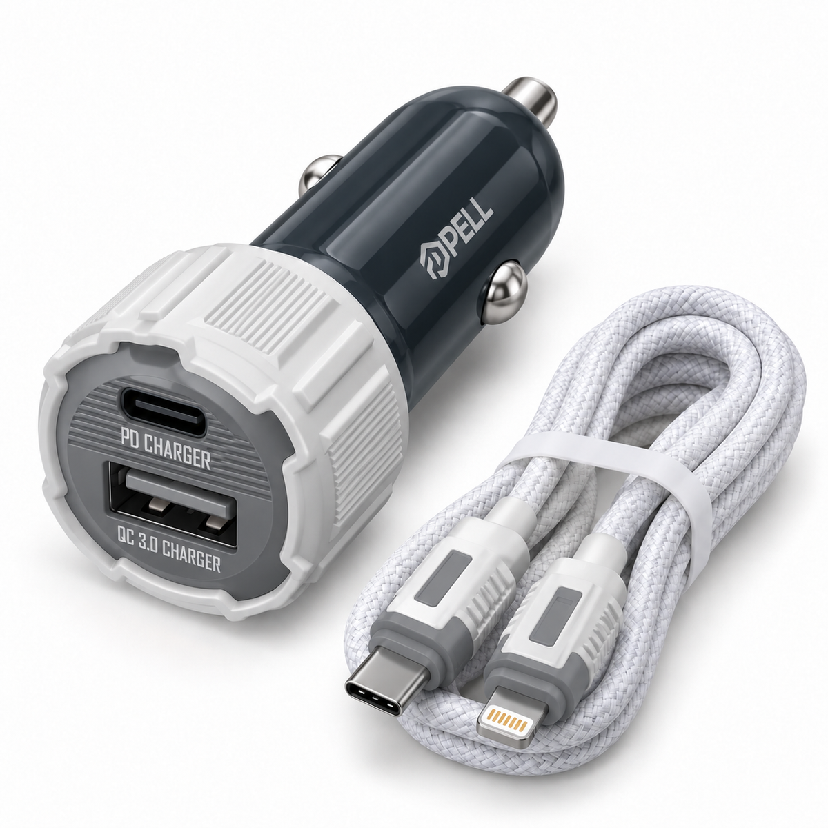 PELL PL-C15 38W Çift Portlu PD QC 3.0 Araç Şarj Cihazı, Type-C to Lightning Örgü Kablolu Hızlı Araç Şarj Seti