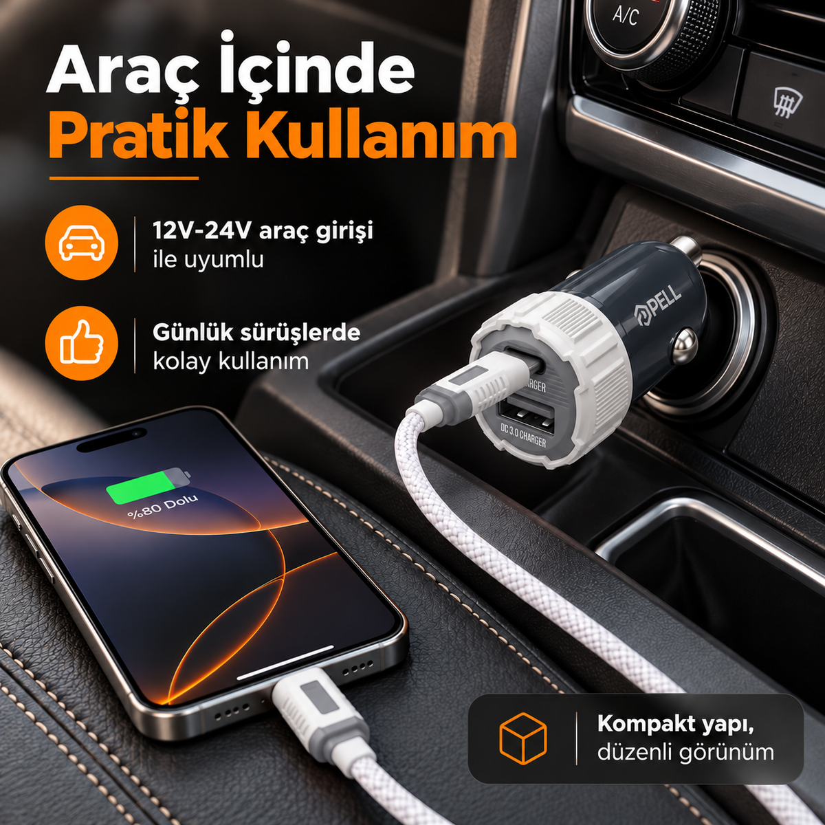 PELL PL-C15 38W Çift Portlu PD QC 3.0 Araç Şarj Cihazı, Type-C to Lightning Örgü Kablolu Hızlı Araç Şarj Seti