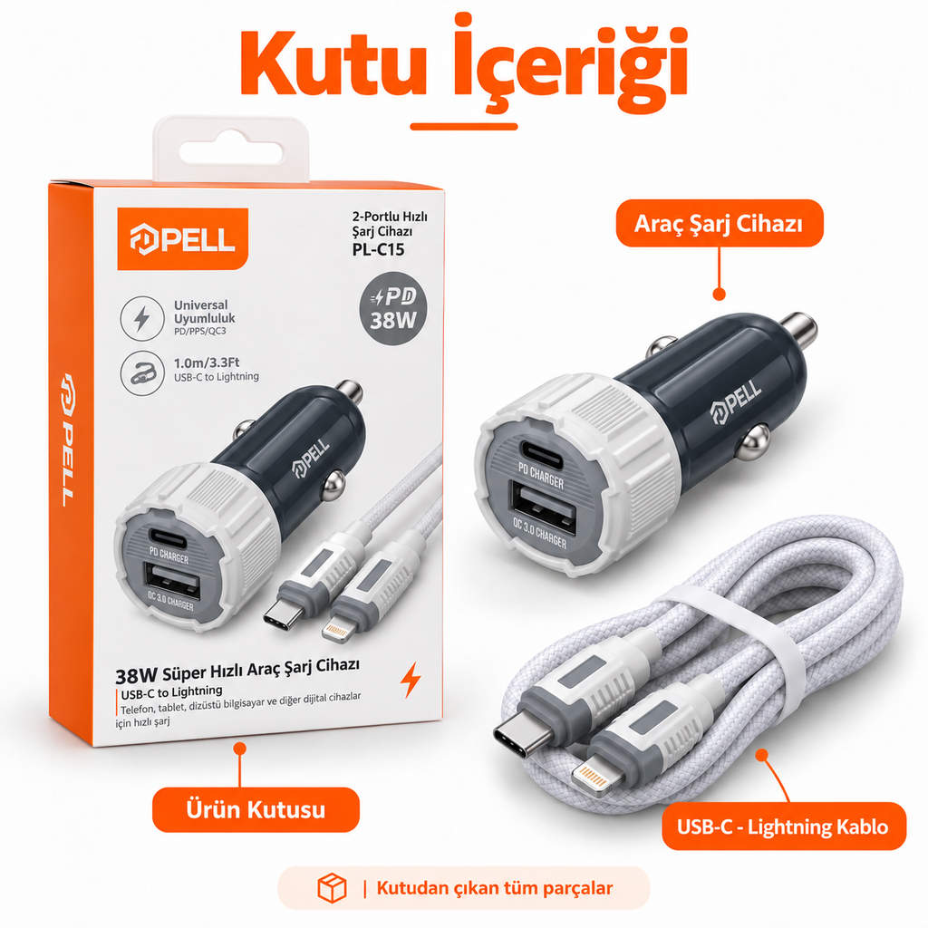 PELL PL-C15 38W Çift Portlu PD QC 3.0 Araç Şarj Cihazı, Type-C to Lightning Örgü Kablolu Hızlı Araç Şarj Seti