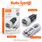 PELL PL-C15 38W Çift Portlu PD QC 3.0 Araç Şarj Cihazı, Type-C to Lightning Örgü Kablolu Hızlı Araç Şarj Seti
