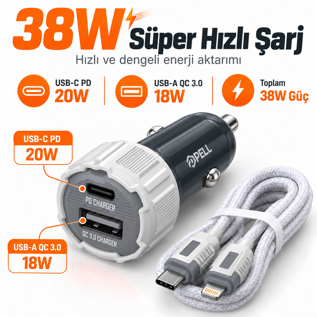 PELL PL-C15 38W Çift Portlu PD QC 3.0 Araç Şarj Cihazı, Type-C to Lightning Örgü Kablolu Hızlı Araç Şarj Seti