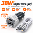 PELL PL-C15 38W Çift Portlu PD QC 3.0 Araç Şarj Cihazı, Type-C to Lightning Örgü Kablolu Hızlı Araç Şarj Seti