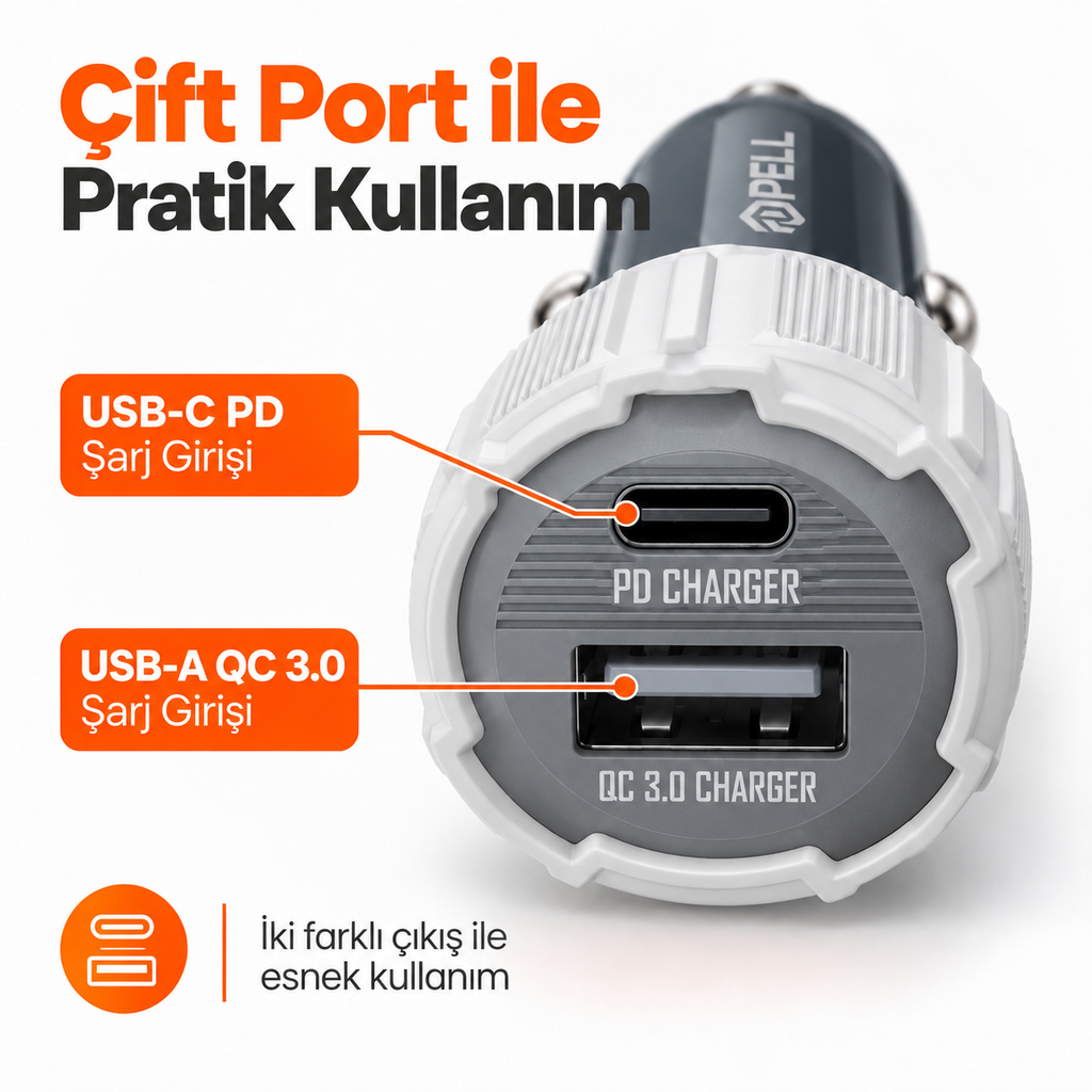 PELL PL-C15 38W Çift Portlu PD QC 3.0 Araç Şarj Cihazı, Type-C to Lightning Örgü Kablolu Hızlı Araç Şarj Seti