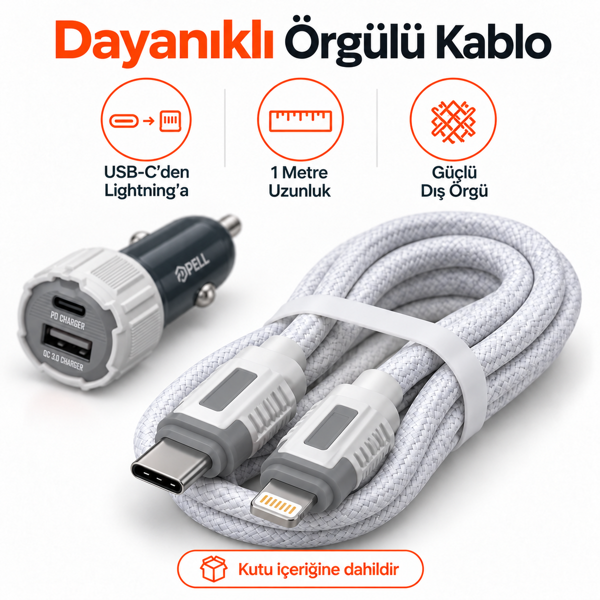 PELL PL-C15 38W Çift Portlu PD QC 3.0 Araç Şarj Cihazı, Type-C to Lightning Örgü Kablolu Hızlı Araç Şarj Seti