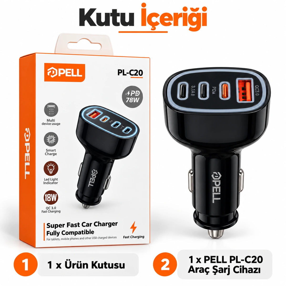 PELL PL-C20 78W 4 Portlu PD QC 3.0 Hızlı Araç Şarj Cihazı, Çoklu Girişli Çakmaklık Şarj Adaptörü