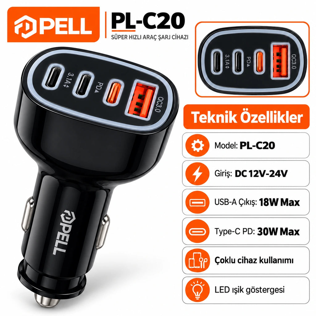 PELL PL-C20 78W 4 Portlu PD QC 3.0 Hızlı Araç Şarj Cihazı, Çoklu Girişli Çakmaklık Şarj Adaptörü