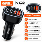 PELL PL-C20 78W 4 Portlu PD QC 3.0 Hızlı Araç Şarj Cihazı, Çoklu Girişli Çakmaklık Şarj Adaptörü