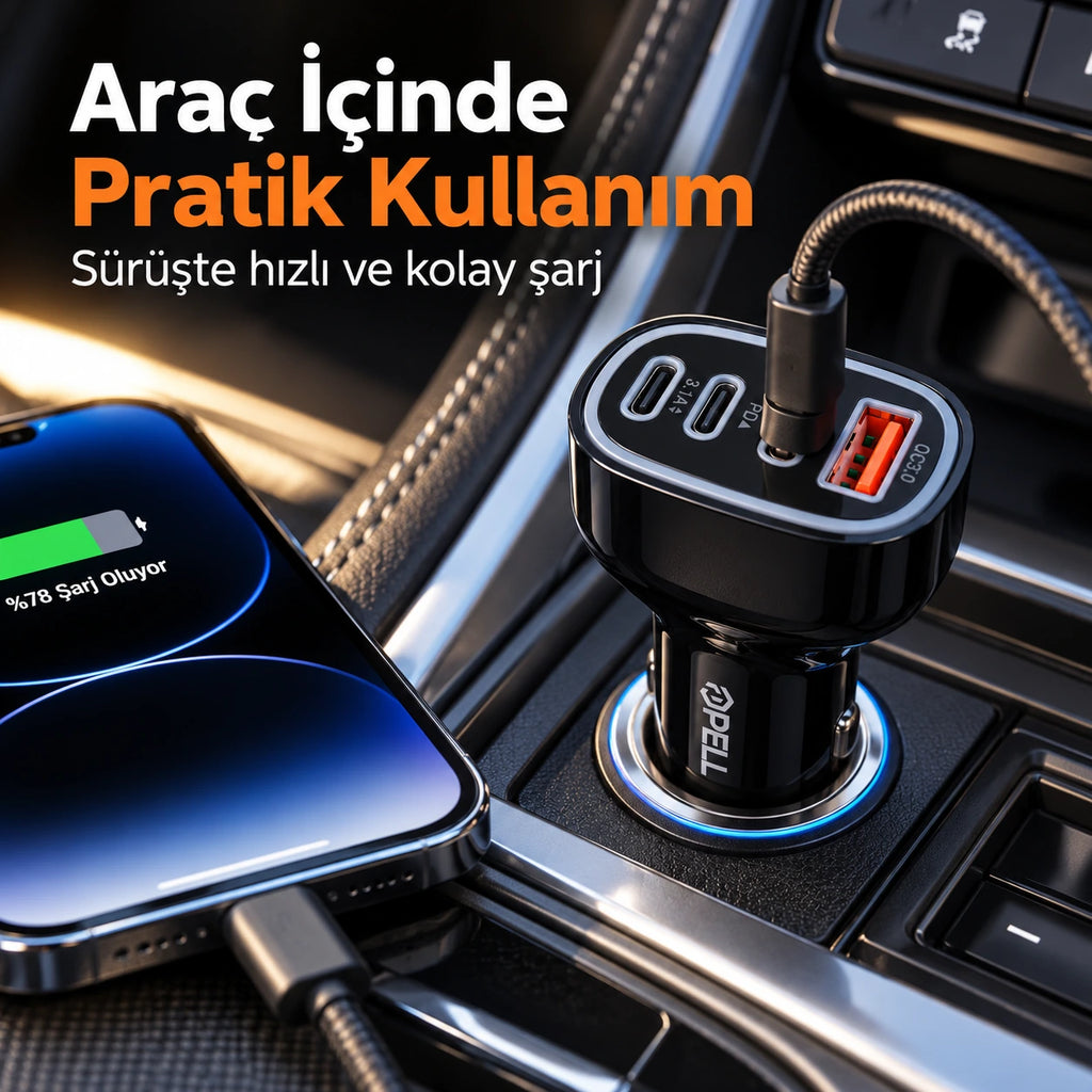 PELL PL-C20 78W 4 Portlu PD QC 3.0 Hızlı Araç Şarj Cihazı, Çoklu Girişli Çakmaklık Şarj Adaptörü