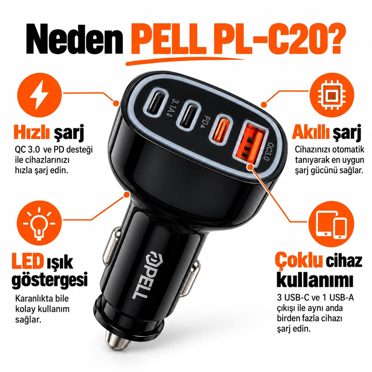 PELL PL-C20 78W 4 Portlu PD QC 3.0 Hızlı Araç Şarj Cihazı, Çoklu Girişli Çakmaklık Şarj Adaptörü