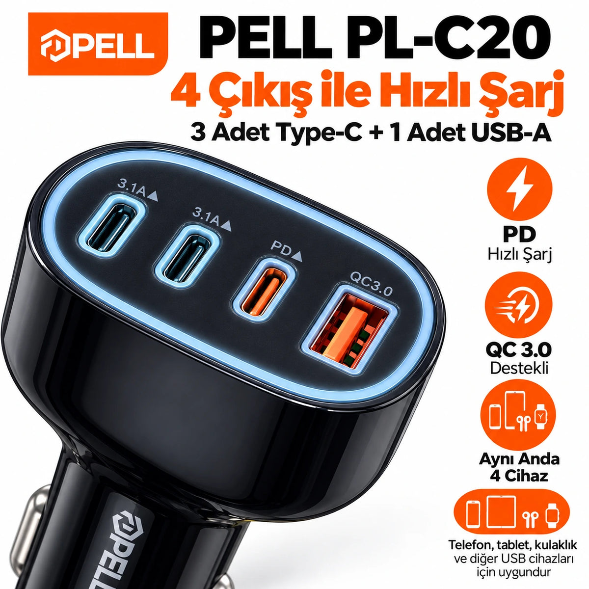 PELL PL-C20 78W 4 Portlu PD QC 3.0 Hızlı Araç Şarj Cihazı, Çoklu Girişli Çakmaklık Şarj Adaptörü