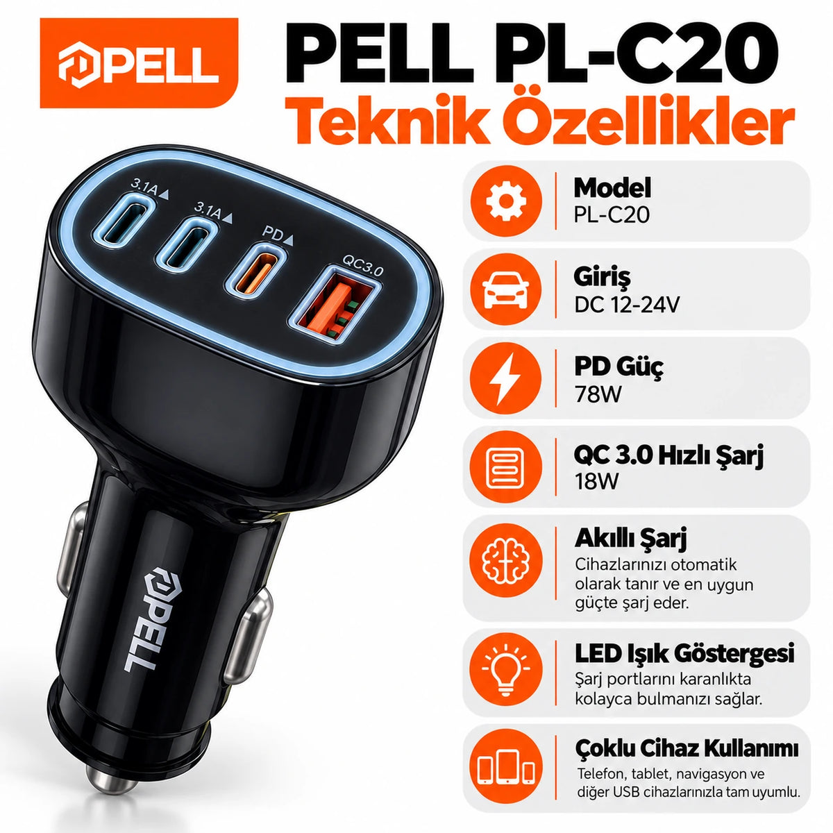 PELL PL-C20 78W 4 Portlu PD QC 3.0 Hızlı Araç Şarj Cihazı, Çoklu Girişli Çakmaklık Şarj Adaptörü