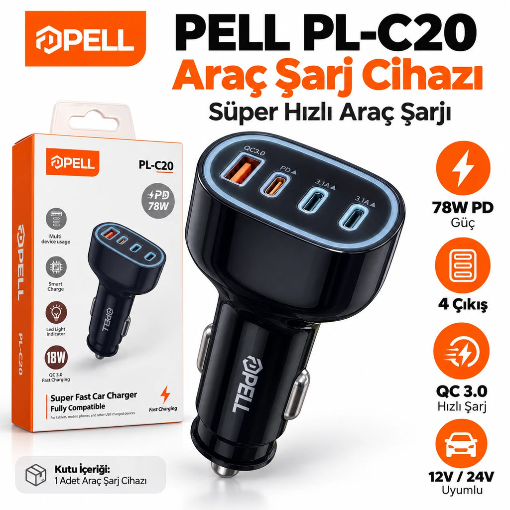 PELL PL-C20 78W 4 Portlu PD QC 3.0 Hızlı Araç Şarj Cihazı, Çoklu Girişli Çakmaklık Şarj Adaptörü
