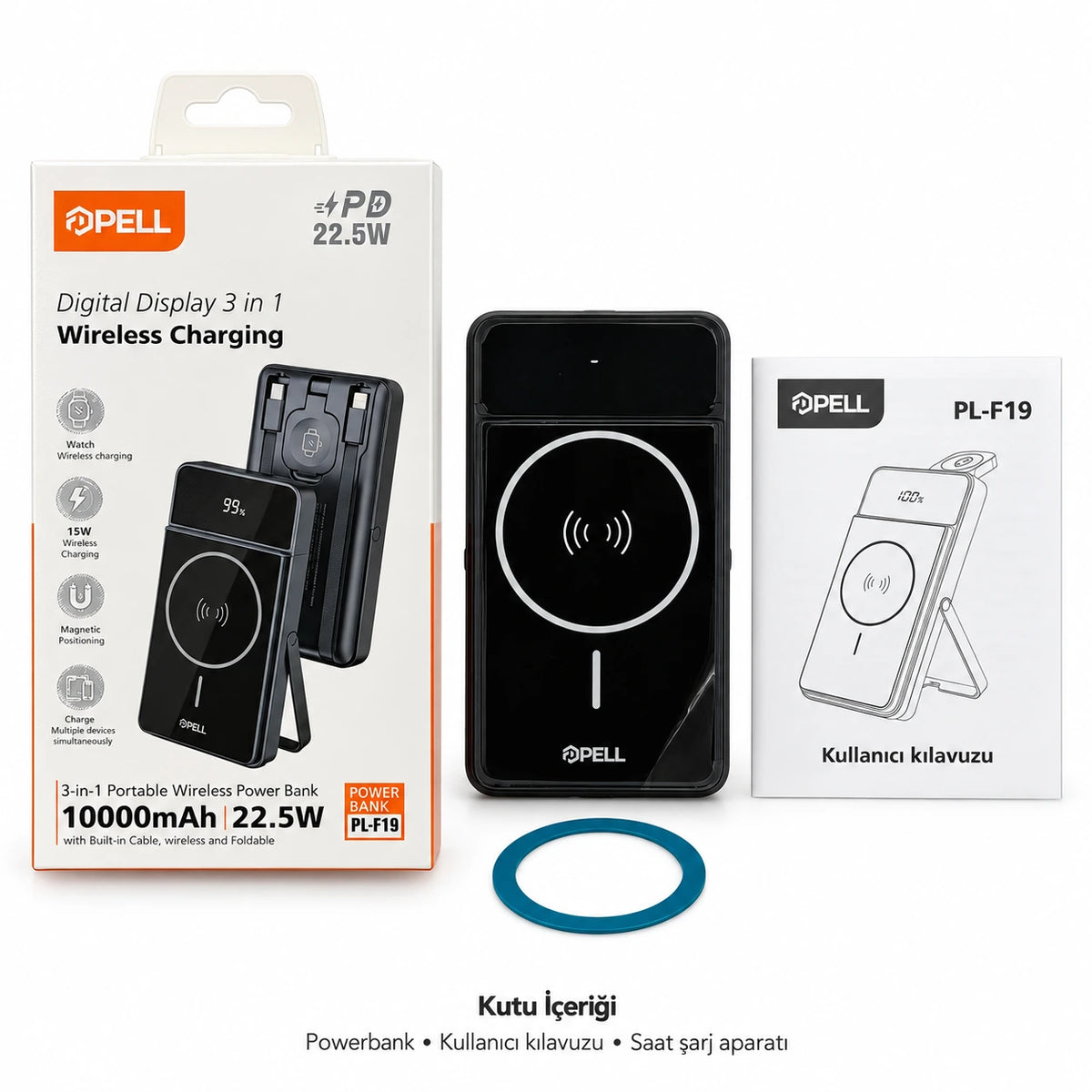PELL PL-F19 3'ü 1 Arada 10000 mAh Powerbank 22.5W, Kablosuz Dijital Ekranlı Hızlı Taşınabilir Şarj Cihazı