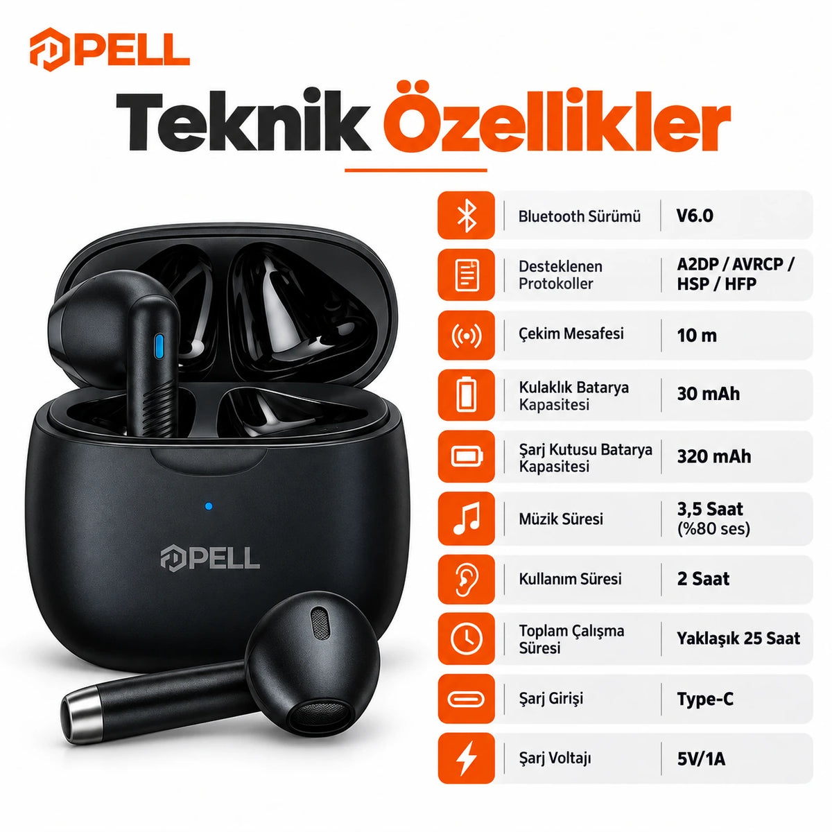 PELL PL-T6 TWS Bluetooth V6.0 Kablosuz Kulak İçi Kulaklık, 25 Saat Pil Ömrü Güçlü Bas Dokunmatik Kontrollü Kulaklık