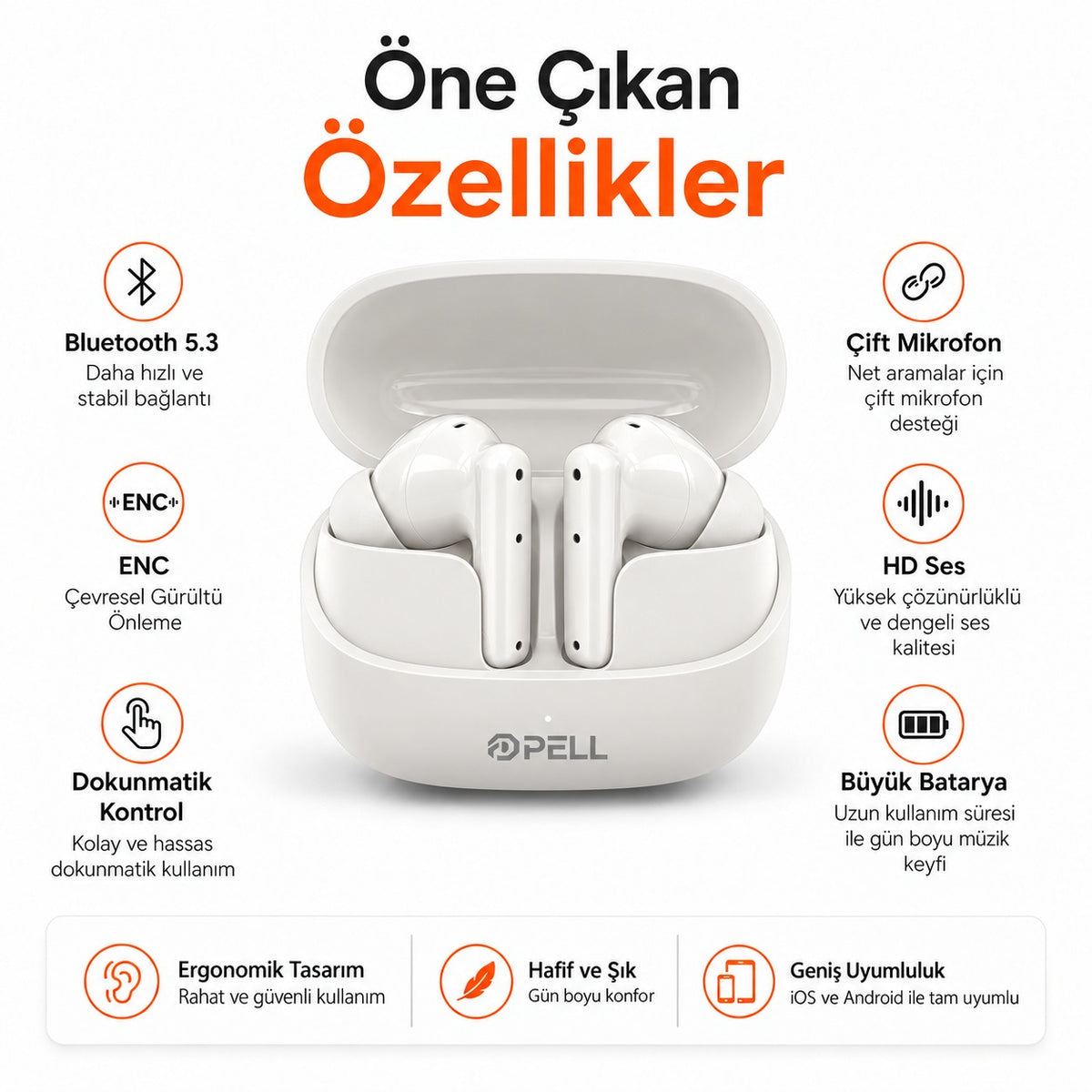 PELL T20 Premium Bluetooth Kulak İçi Kulaklık 5.3, Aktif Gürültü Engelleme ANC Kablosuz Kulaklık