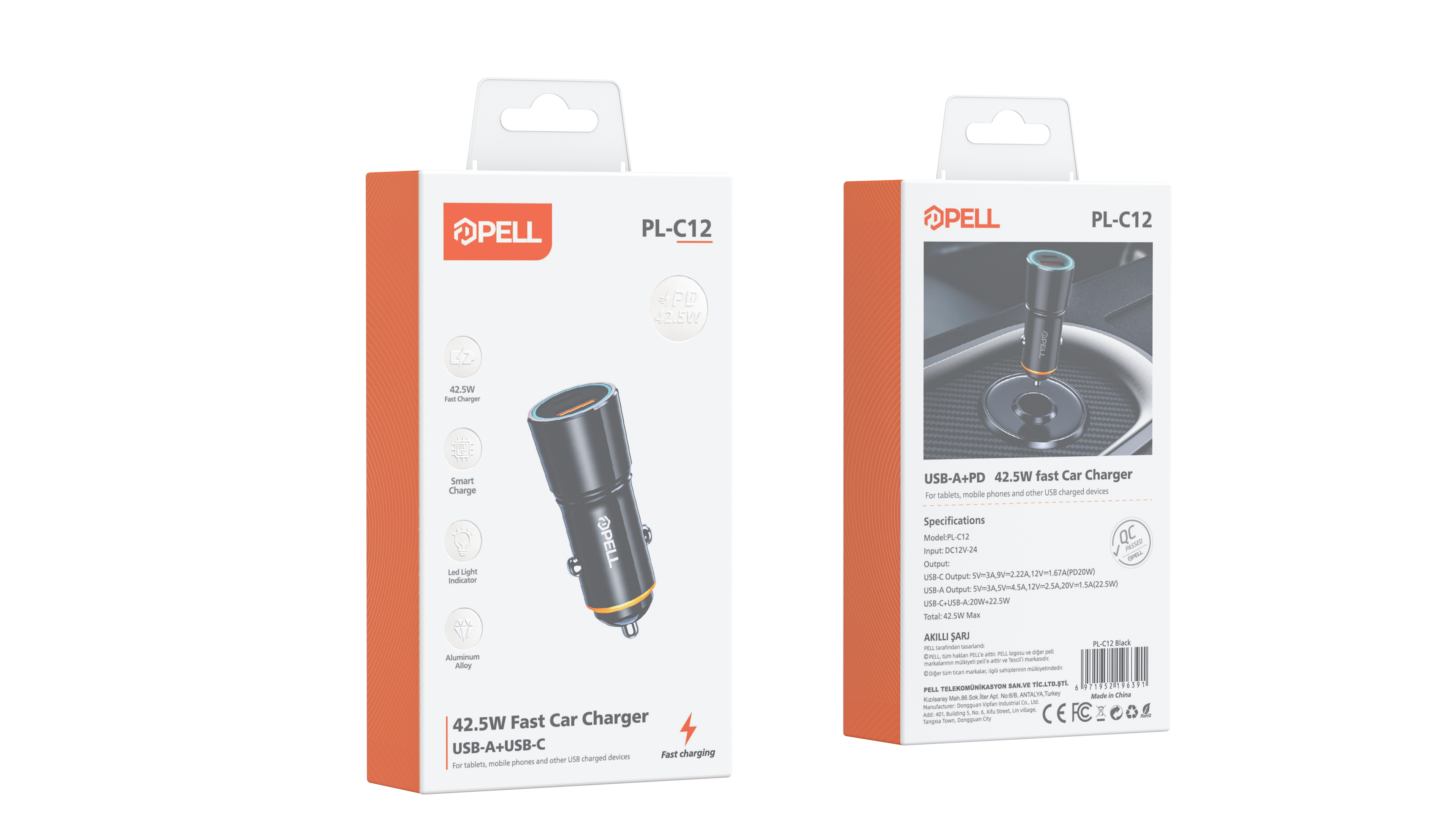 PL-C12 42.5W Çift Çıkışlı Alüminyum PD Hızlı Araç Şarj Cihazı, Çakmaklık Hızlı Şarj Adaptörü