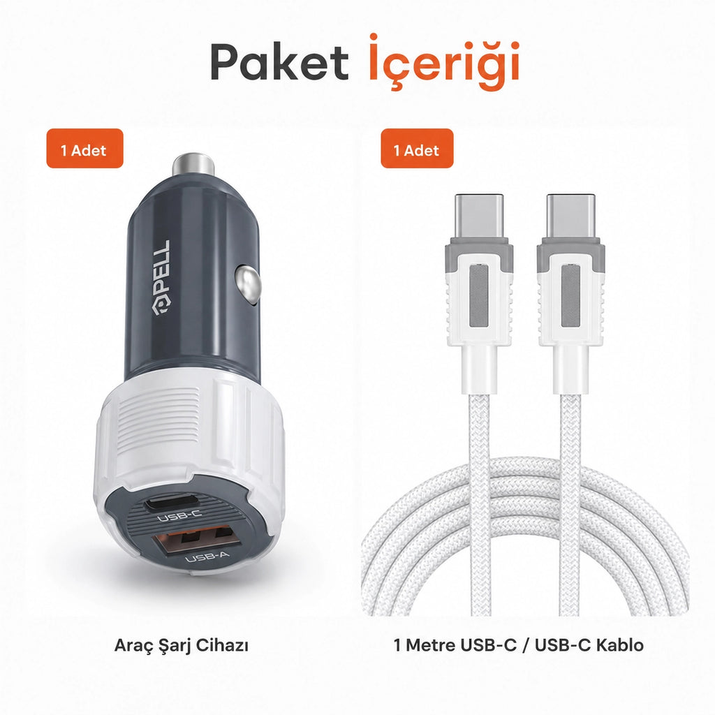 PELL PL-C15 38W Çift Çıkışlı PD PPS Hızlı Araç Şarj Cihazı, Type-C Kablo Setli Çakmaklık Şarj Adaptörü