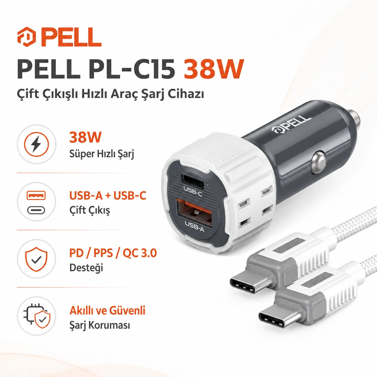 PL-C15 38W Çift Çıkışlı PD PPS Hızlı Araç Şarj Cihazı, Type-C Kablo Setli Çakmaklık Şarj Adaptörü