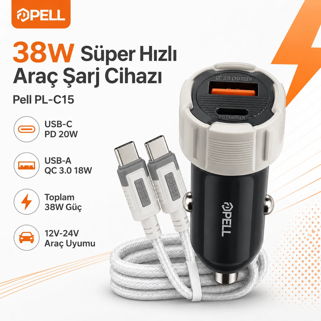 PELL PL-C15 38W Çift Çıkışlı PD PPS Hızlı Araç Şarj Cihazı, Type-C Kablo Setli Çakmaklık Şarj Adaptörü