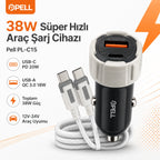 PELL PL-C15 38W Çift Çıkışlı PD PPS Hızlı Araç Şarj Cihazı, Type-C Kablo Setli Çakmaklık Şarj Adaptörü