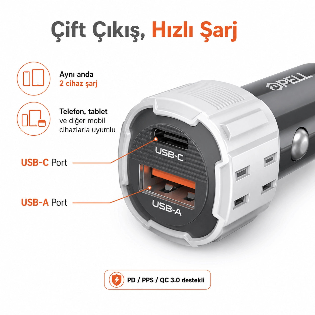 PL-C15 38W Çift Çıkışlı PD PPS Hızlı Araç Şarj Cihazı, Type-C Kablo Setli Çakmaklık Şarj Adaptörü