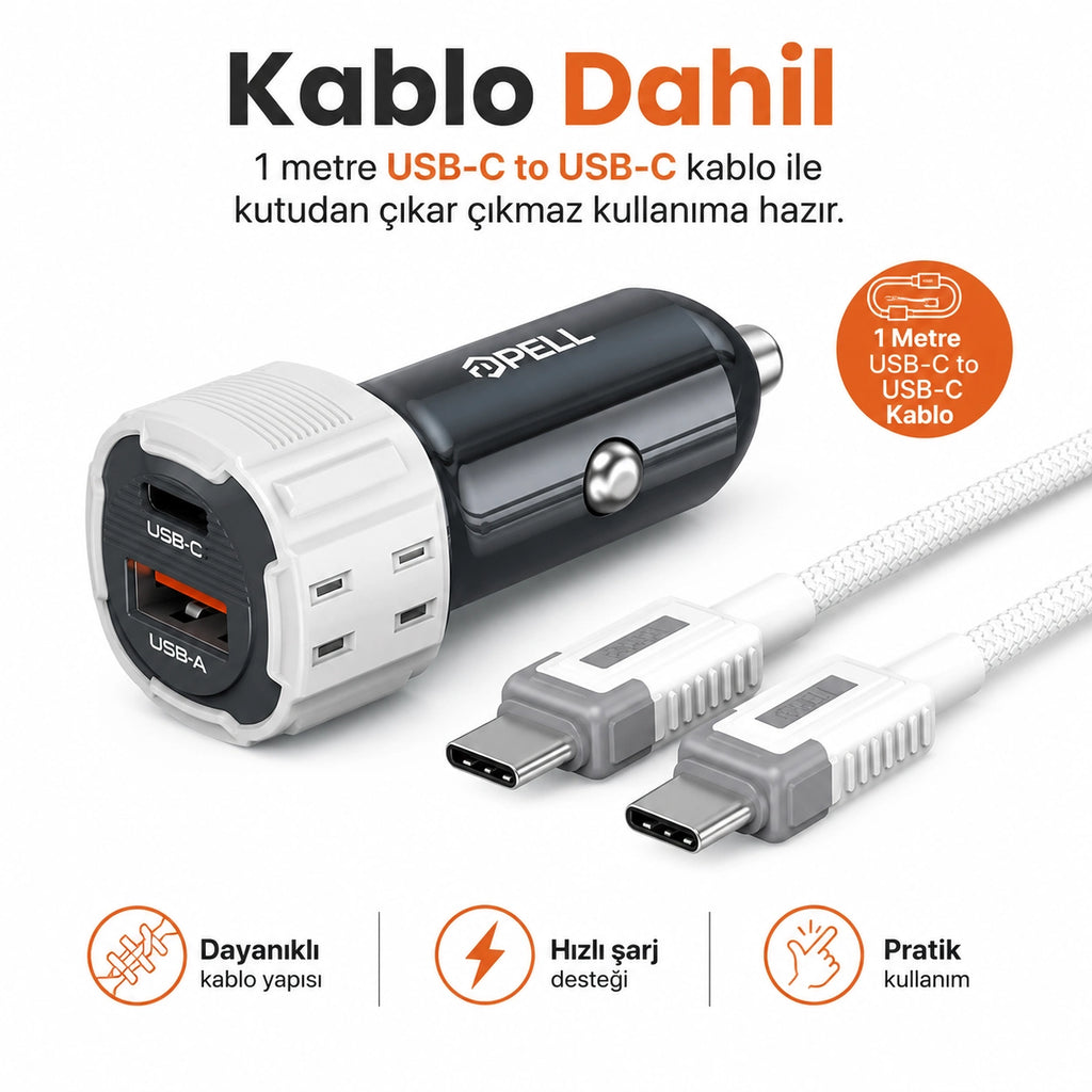 PELL PL-C15 38W Çift Çıkışlı PD PPS Hızlı Araç Şarj Cihazı, Type-C Kablo Setli Çakmaklık Şarj Adaptörü