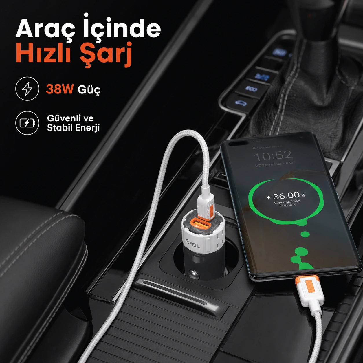 PL-C15 38W Çift Çıkışlı PD PPS Hızlı Araç Şarj Cihazı, Type-C Kablo Setli Çakmaklık Şarj Adaptörü