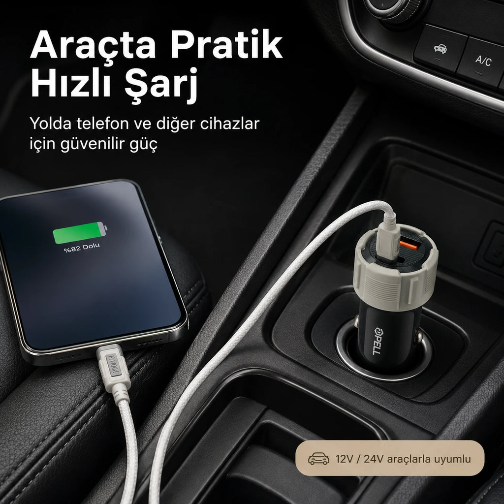 PELL PL-C15 38W Çift Çıkışlı PD PPS Hızlı Araç Şarj Cihazı, Type-C Kablo Setli Çakmaklık Şarj Adaptörü