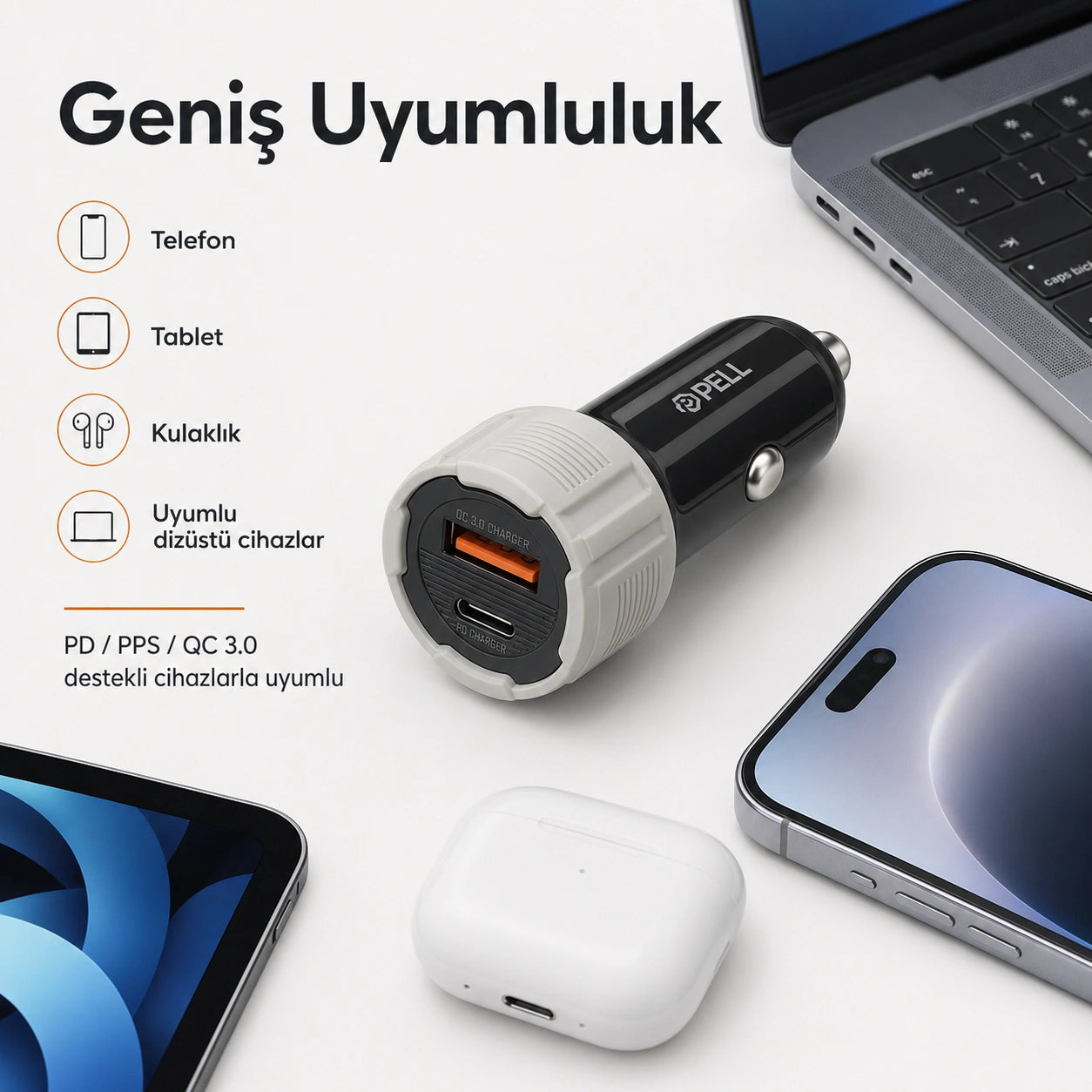 PELL PL-C15 38W Çift Çıkışlı PD PPS Hızlı Araç Şarj Cihazı, Type-C Kablo Setli Çakmaklık Şarj Adaptörü