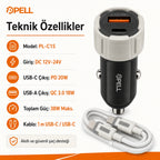 PELL PL-C15 38W Çift Çıkışlı PD PPS Hızlı Araç Şarj Cihazı, Type-C Kablo Setli Çakmaklık Şarj Adaptörü
