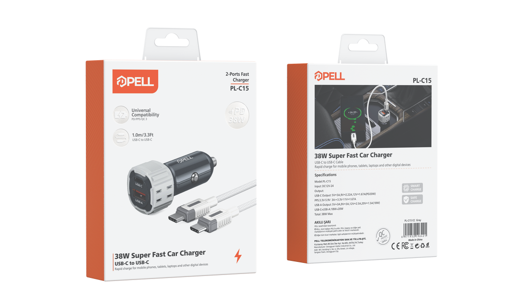 PL-C15 38W Çift Çıkışlı PD PPS Hızlı Araç Şarj Cihazı, Type-C Kablo Setli Çakmaklık Şarj Adaptörü