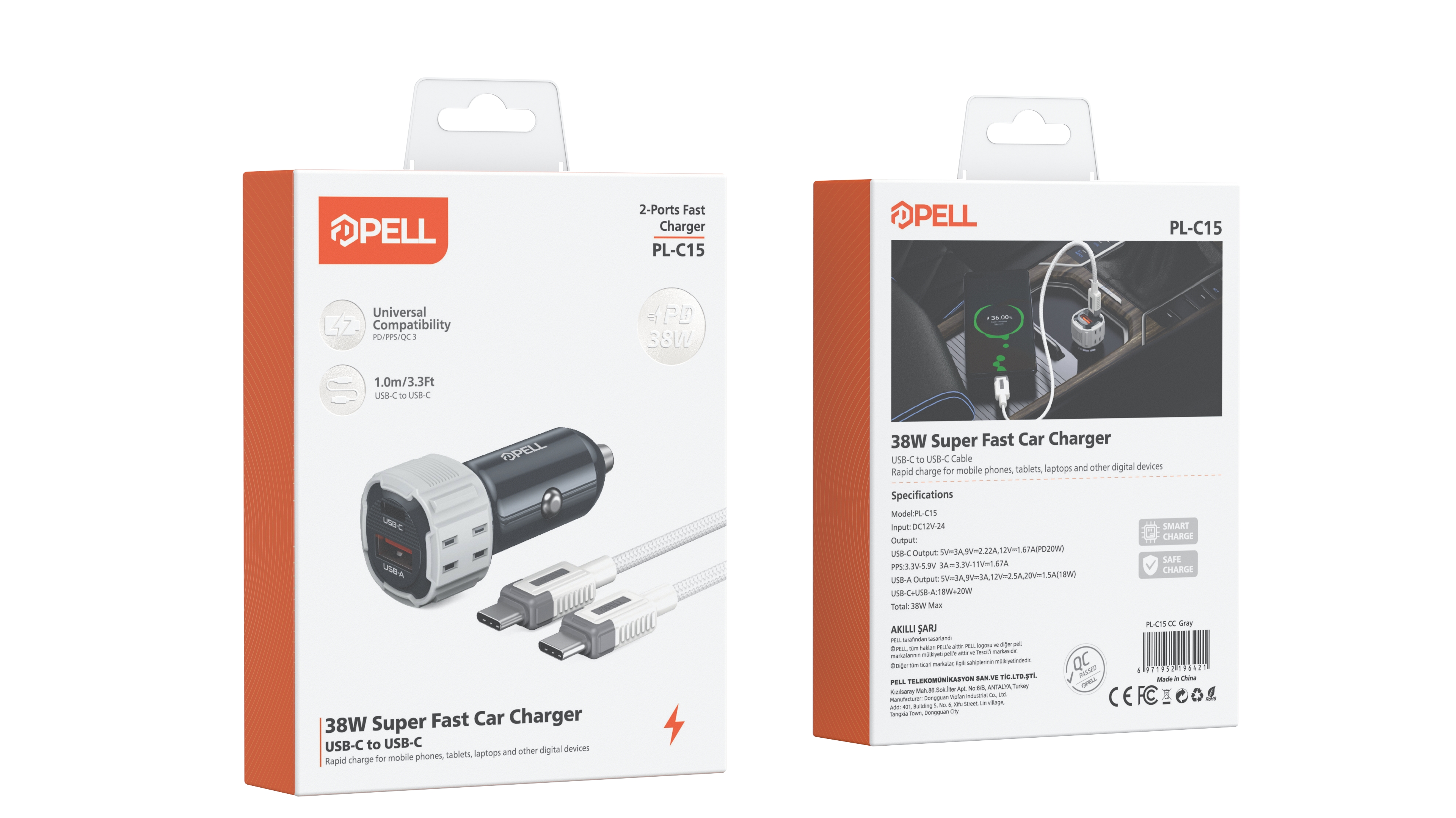 PL-C15 38W Çift Çıkışlı PD PPS Hızlı Araç Şarj Cihazı, Type-C Kablo Setli Çakmaklık Şarj Adaptörü